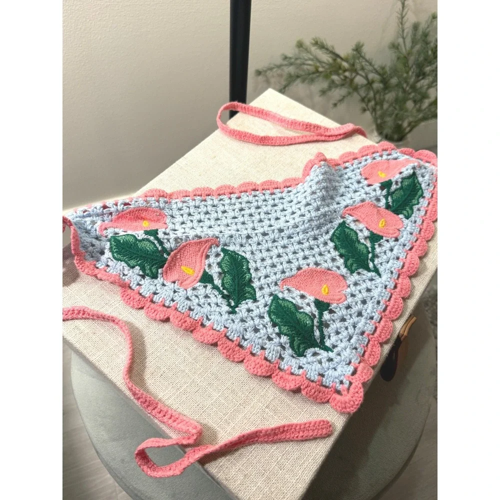 handmade crochet calla floral‎ head neck scarf blue pink cottagecore boho rustic